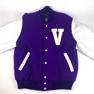 Stewart & Strauss Mens Sz L Letterman Jacket Purple Wool White‎ Leather Letter V